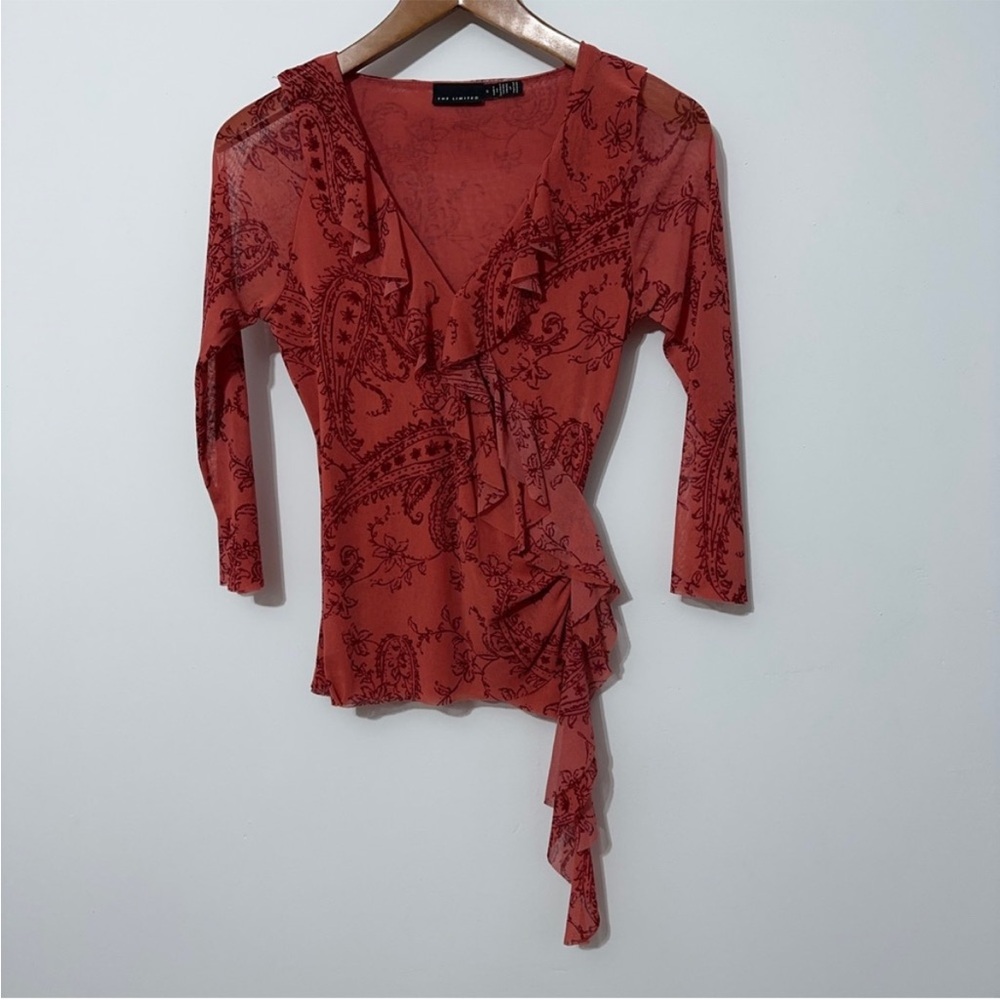 The Limited Womens Sheer Mesh Paisley Cascading Ruffle Shirt y2k Vintage fairy